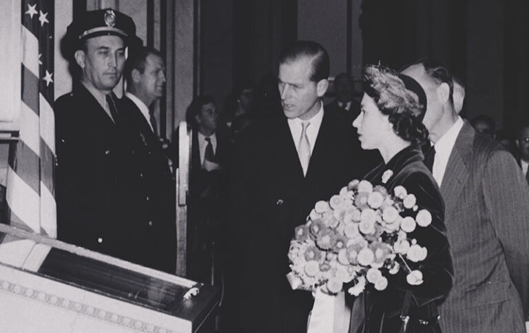 Princess Elizabeth and the Duke of Edinburgh visiting “Shrine” documents at the Library of Congress, November 1951. Library of Congress Archives