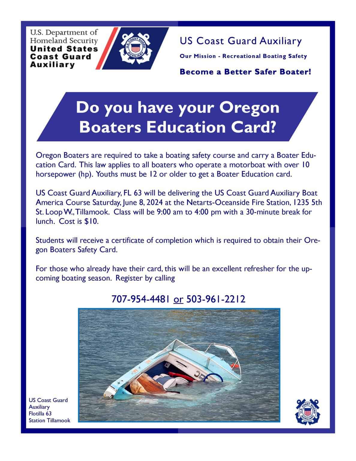 US Coast Guard Auxiliary Boat America Class Scheduled in Netarts June 8th