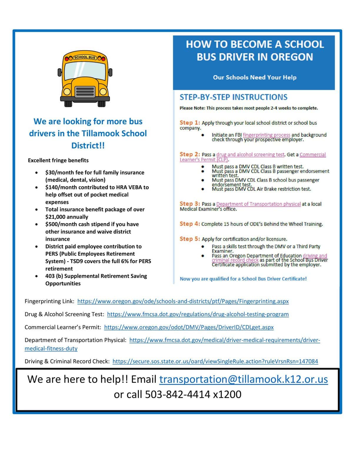Tillamook School District Seeks Bus Drivers Competitive Pay and