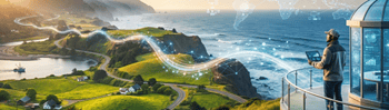 Digital illustration of a coastal landscape with rolling hills and a winding road, where a person stands on a glass overlook holding a laptop as glowing network lines representing artificial intelligence stretch over the ocean.